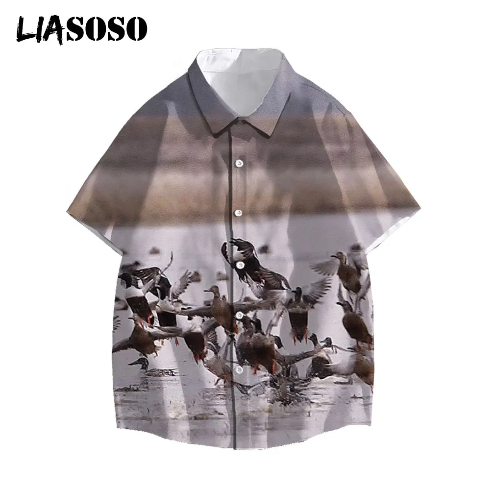 

LIASOSO 2021 Men Women 3D Print Hunting Wild Duck Animal Short Sleeve Casual Shirts Button Streetwear Beach Hawaiian Shirts Tops