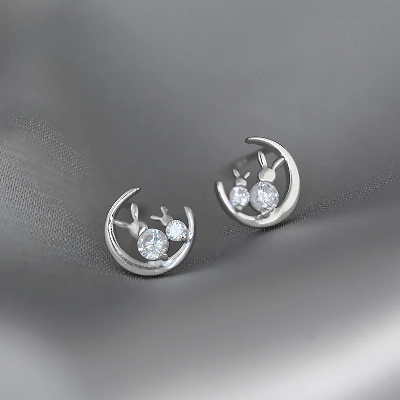 Серьги-гвоздики в форме кроликов из стерлингового серебра 925 пробы с кристаллами