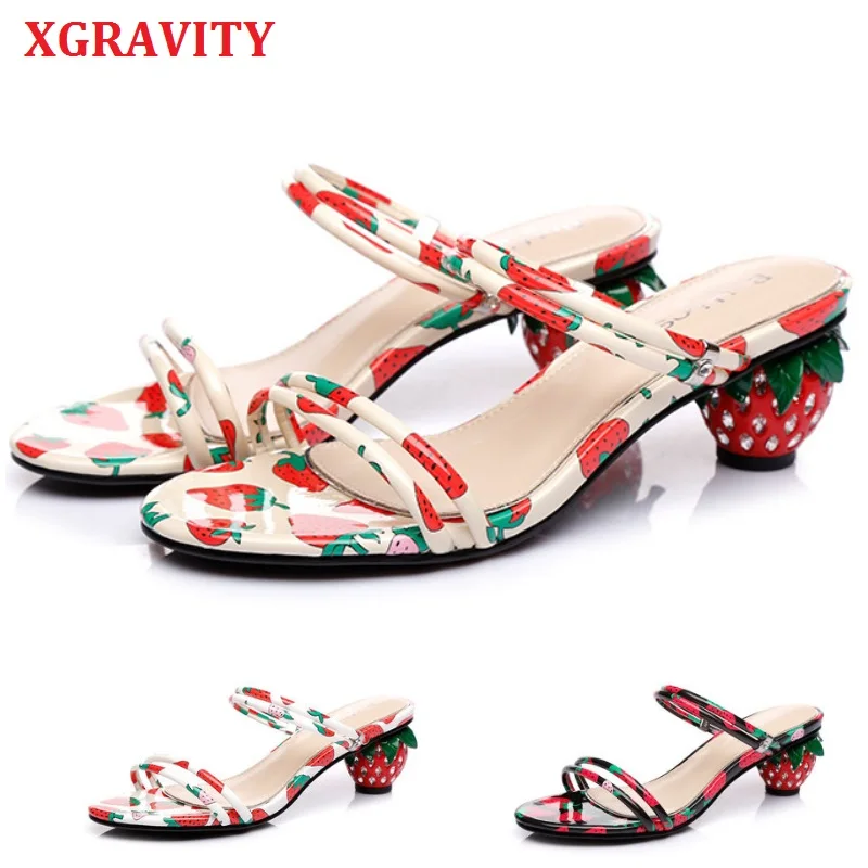 Сандалии XGRAVITY женские с клубничным каблуком модные босоножки на массивном