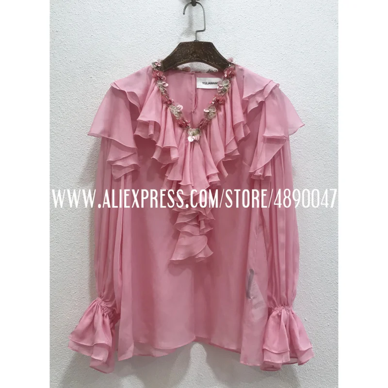 

Handmade neckline flower bead stitching irregular ruffled georgette silk shirt high quality women's sweet long-sleeved blouse