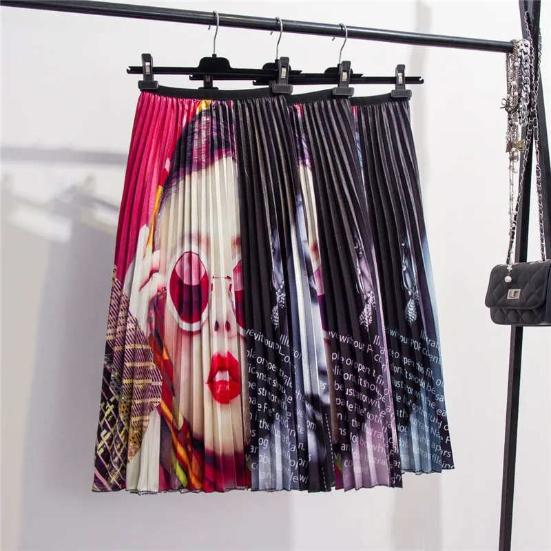 

2021 New Printing High Waist Pleated Skirt Women Spring Summer Midi Skirts Womens Elastic Waist A Line Long Skirts For Women Rok