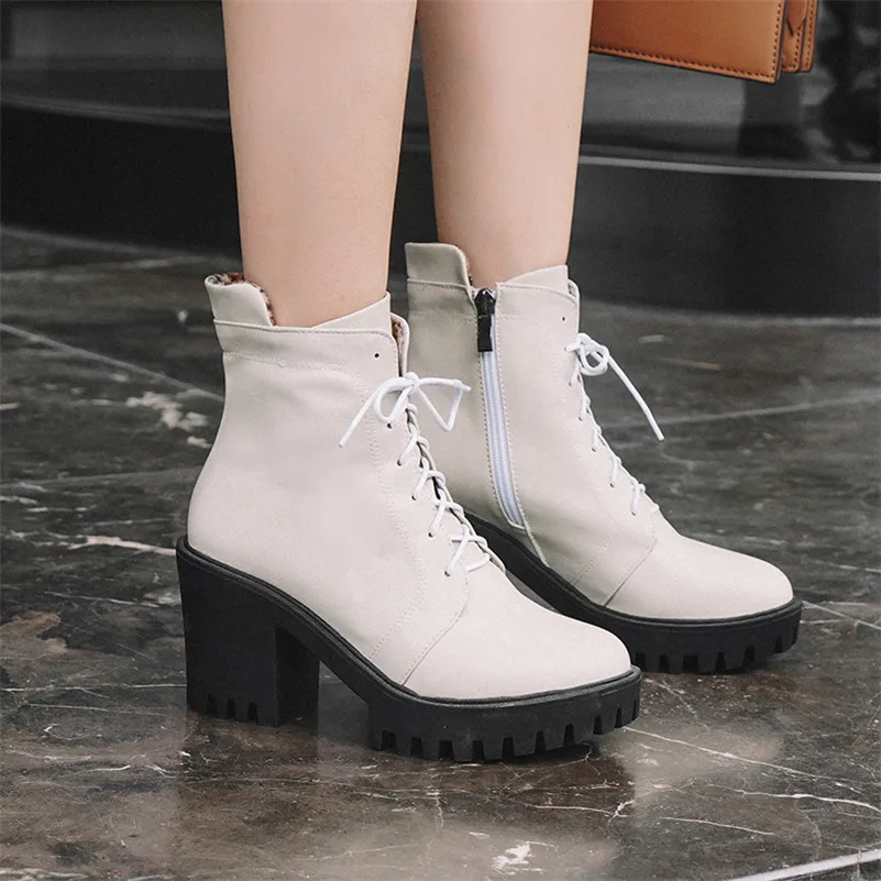 

Meotina Autumn Ankle Boots Women PU Leather Platform Thick High Heel Short Boots Zipper Round Toe Shoes Female Winter Size 34-43
