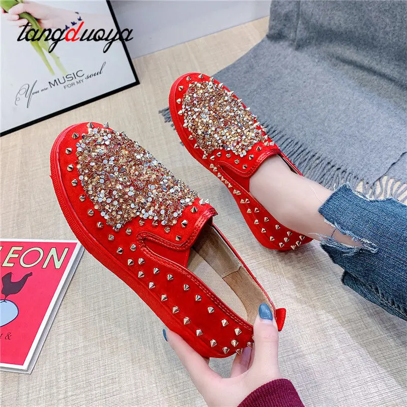 Туфли женские холщовые с блестками и заклепками лоферы плоская подошва без