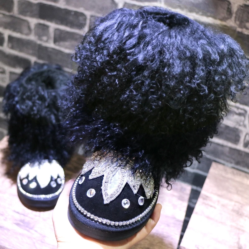 

2021 New European Station Net Red Star The same paragraph Rhinestone Leisure Wool Trifle Thick-bottomed short boots Lace Sticky