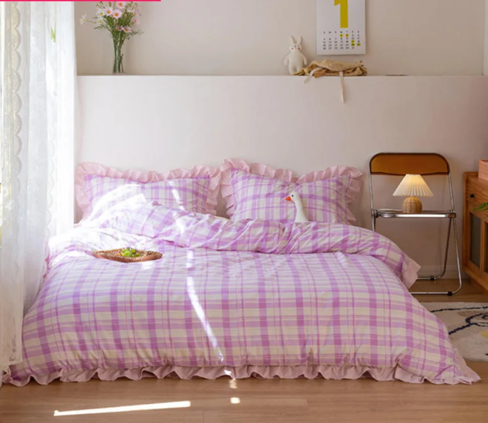 

Purple Lattice Geometry Bedding Set Washed Cotton Bed Plaid Korean Style Yarn-dyed Quilt Cover Sheet Lace Girl Decor Bedroom Set