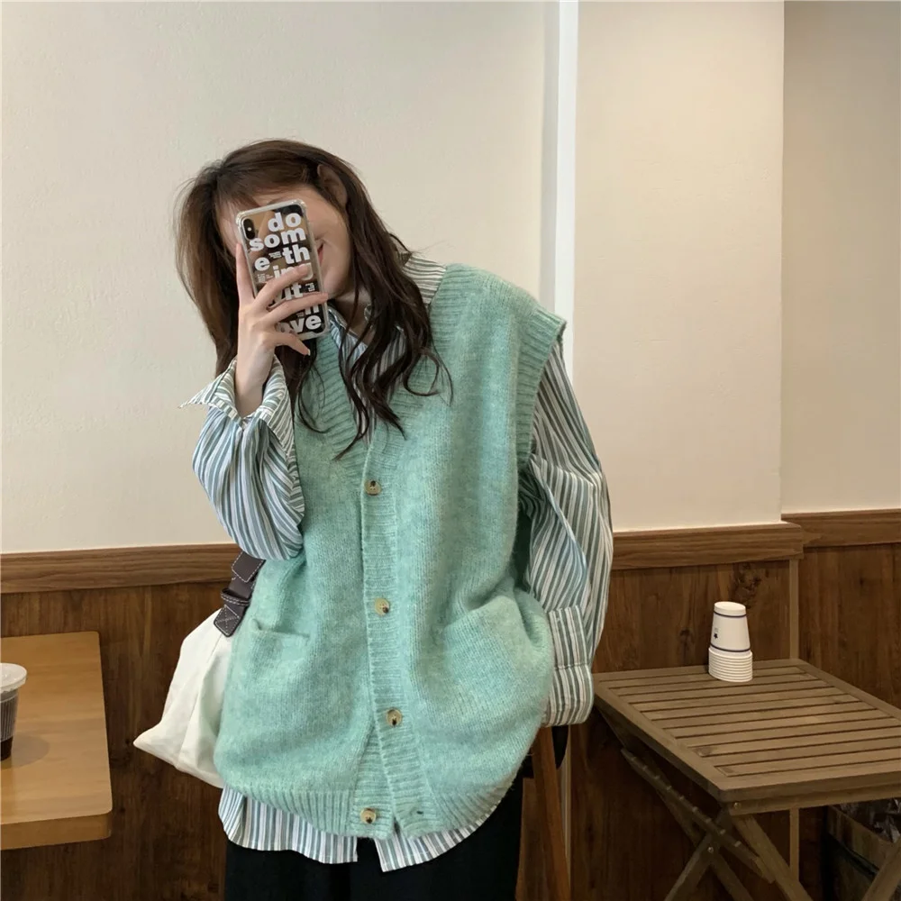 Зеленый вязаный кардиган верхнее пальто Женский Осенний складной жилет без