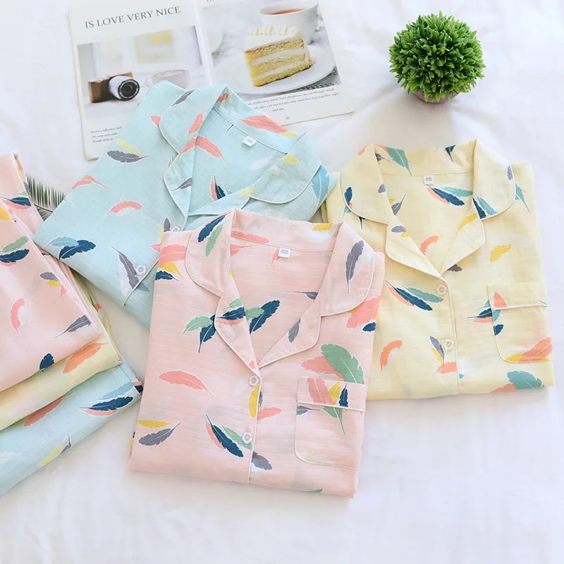 Japanese Spring and Summer Women's Pajamas Pure Cotton Soft Feather Long Sleeve Pajamas Set Comfortable  Women's Home Wear