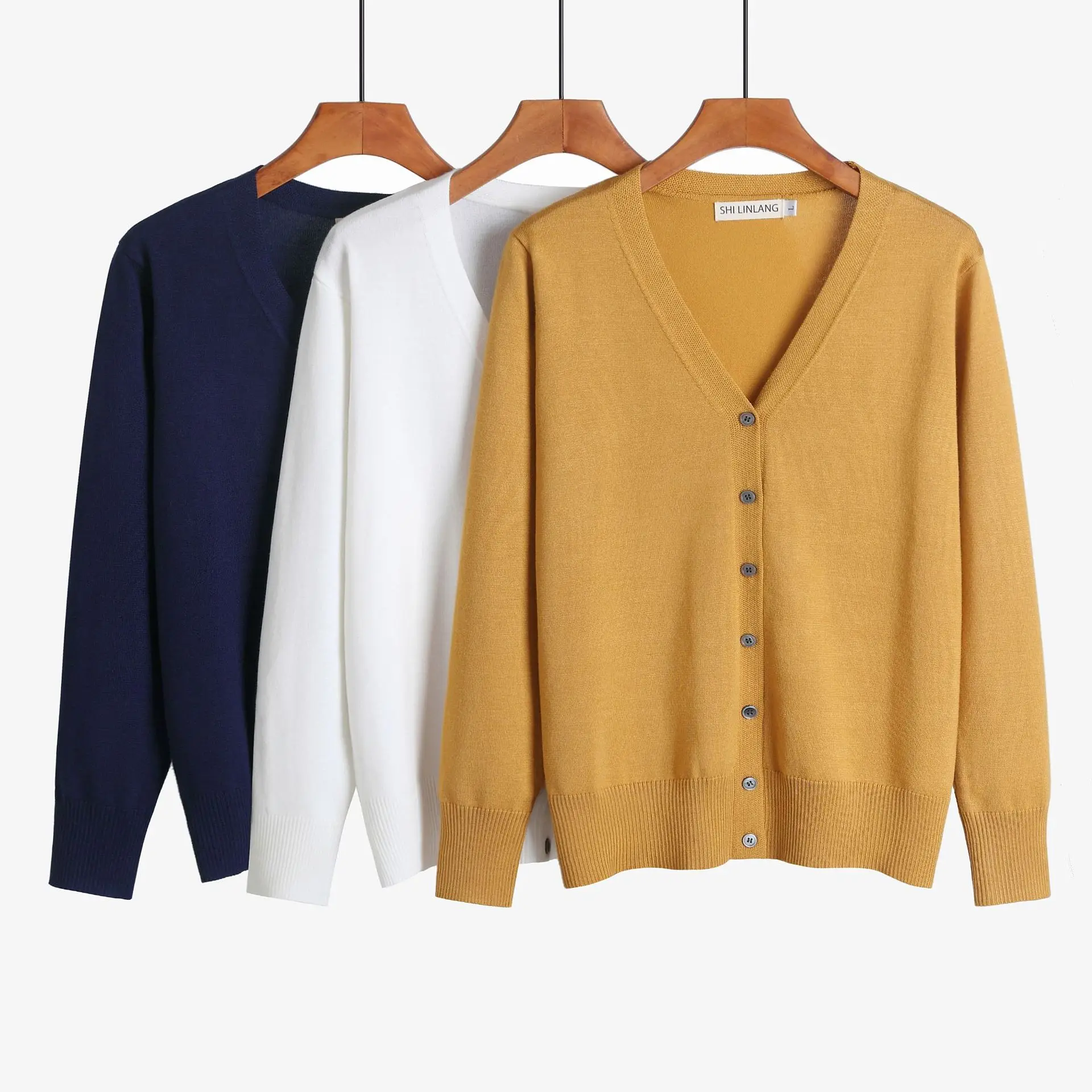 

072 Spring Casual Knitted Sweater Cardigan Women Loose Large Size Coat Long Sleeve V-Neck Outerwear Solid White Fashion New Tops