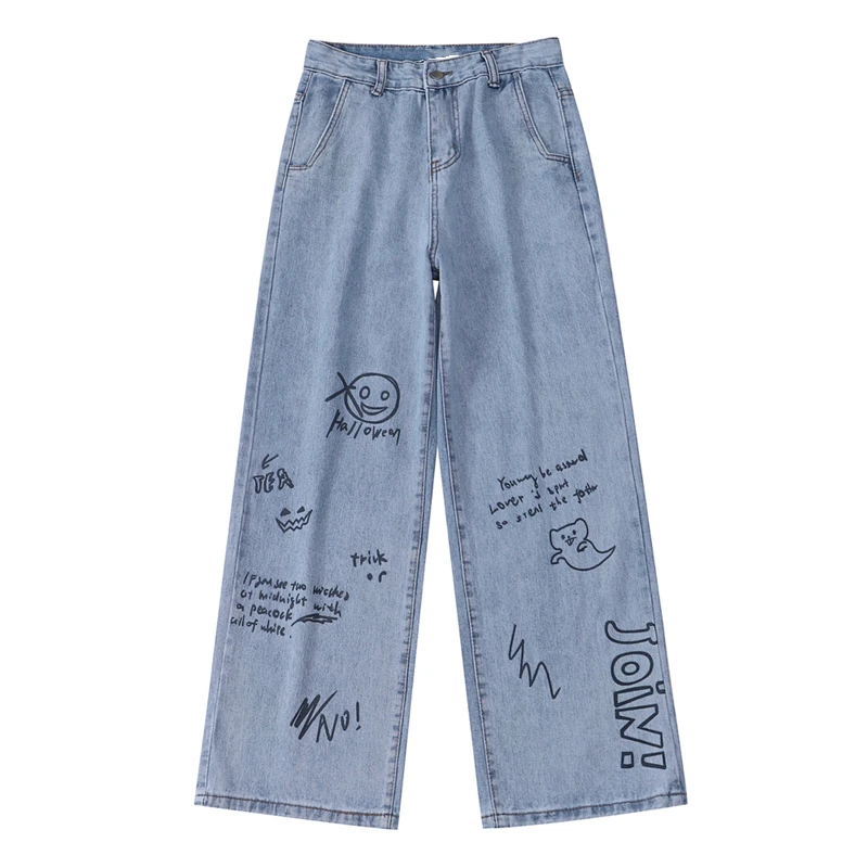 

Женские свободные джинсовые брюки с принтом ручной росписи, брюки из денима с широкими штанинами на Хэллоуин, синие свободные прямые джинсо...