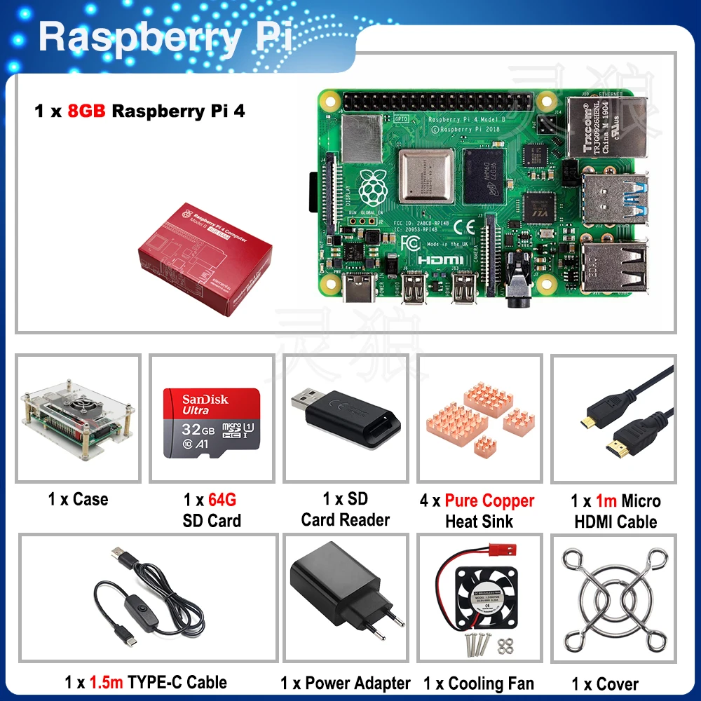 

Чехол-накладка для Raspberry Pi 4, Raspberry Pi 4, Raspberry Pi 4, 4, 8 ГБ, SD-карта 32/64 ГБ, HDMI-кабель для RPI 4
