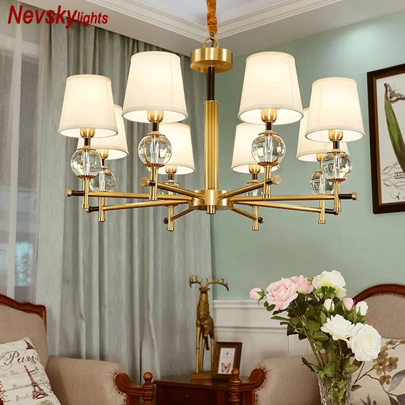 

Crystal chandelier lighting living room hanging lamps with crystal ball copper lustre bedroom classic chandeliers fabric shade