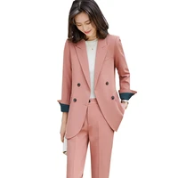 fashion spring autumn women pant suit business interview work wear 2 piece set pink black apricot green loose blazer and trouser