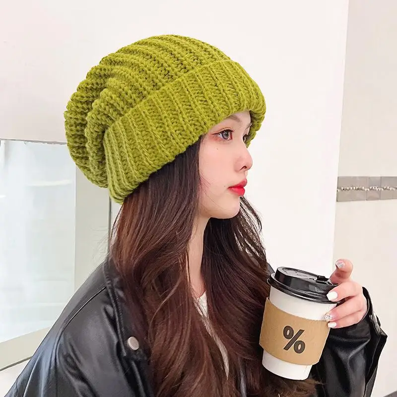 

Women Beanie Hat Warm Winter Knitted Hats Cuff Beanies For Girls Oversize Loose Knitting Thick Vogue Ladies Female Big Size Bone