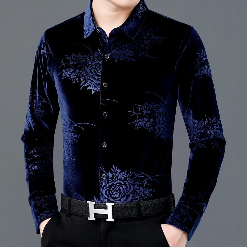 Новинка 2020 мужские бархатные рубашки Осенние плиссированные платья с длинными