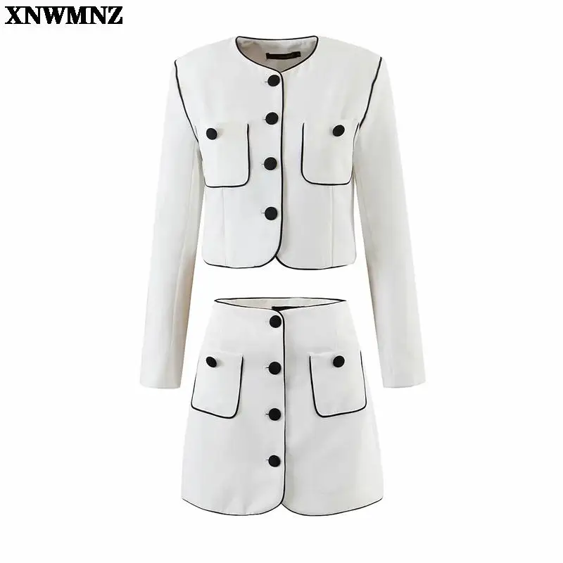 

XNWMNZ 2021 za Women Fashion Button Contrast suit Cropped Blazer Coat Skirt Vintage Long Sleeve Female Outerwear Chic Femme top