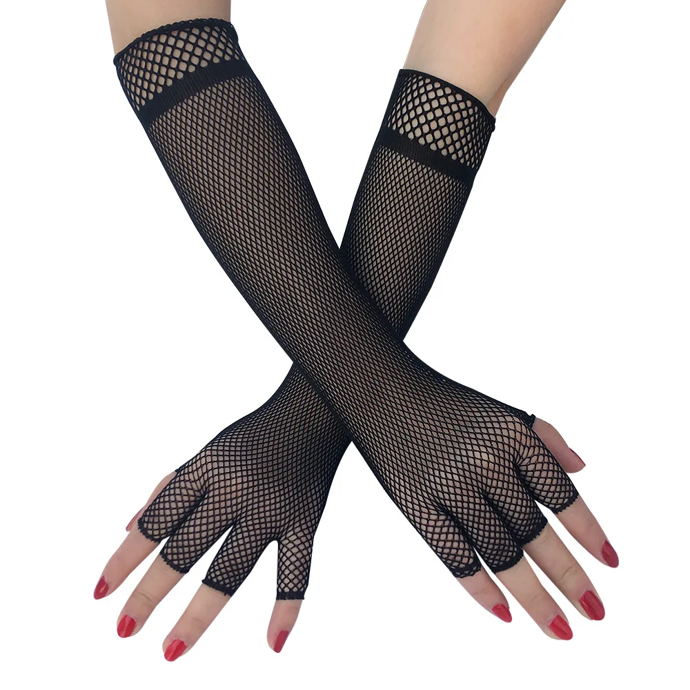 Фото Женские ажурные длинные перчатки с открытыми пальцами неоновые сексуальные