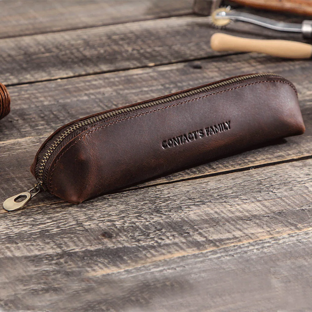 

Retro Cowhide Leather Zipper Pencil Case Business Kids School Office Pen Bag Pouch Stationery Box for School Supplies Office