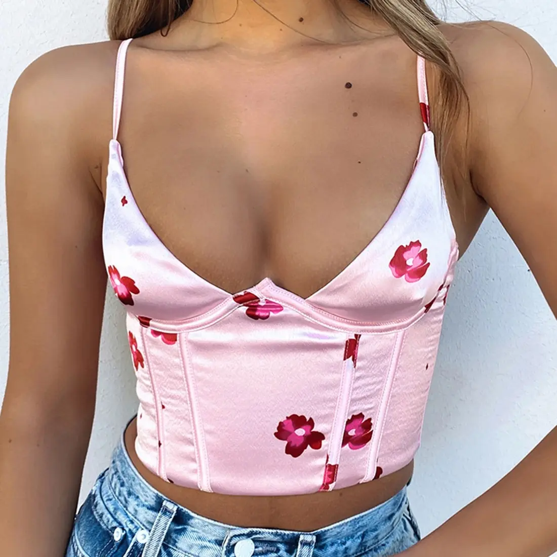 Forefair Staghetti V Neck Satin Corset Top With Straps 2021 Summer Floral Print Clothes Blue Sleeveless Club Women Crop Tops