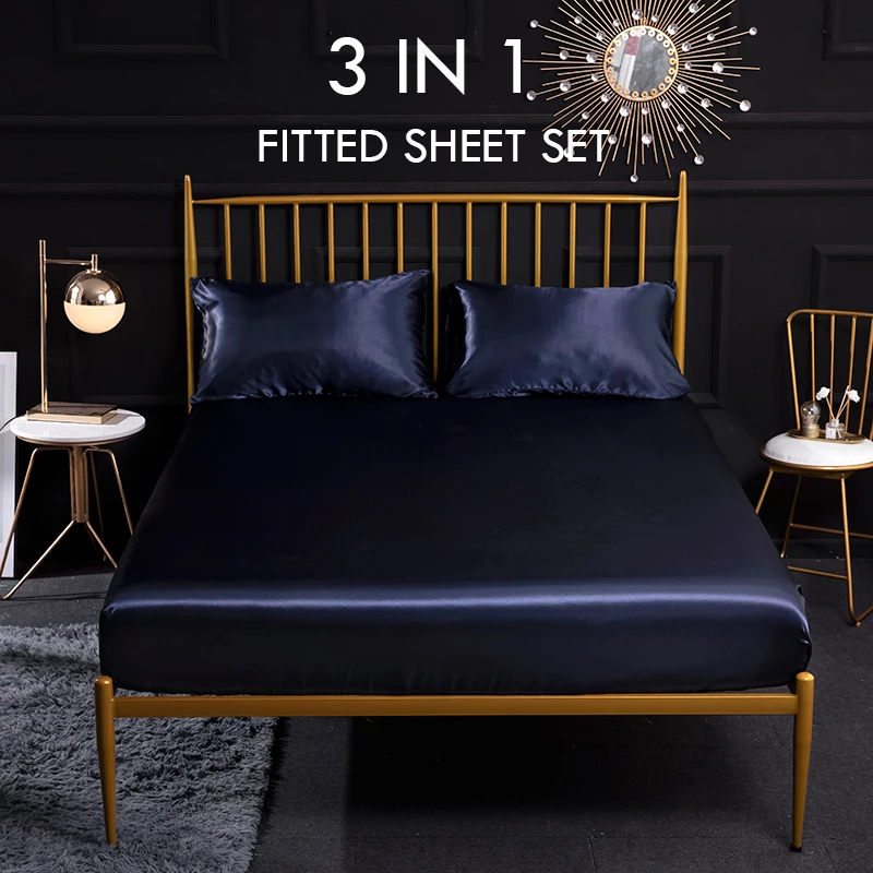 

Satin Silk Fitted Sheet Solid Soft Bed Sheets With Pillowcase 3PCS Housse de Matela Twin Queen King Size Washable Cooling Touch