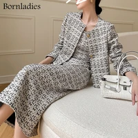 bornladies autumn women knitted plaid tweed jacket sleeveless sling dress sets ladies stylish 2 piece sets slim dress sets