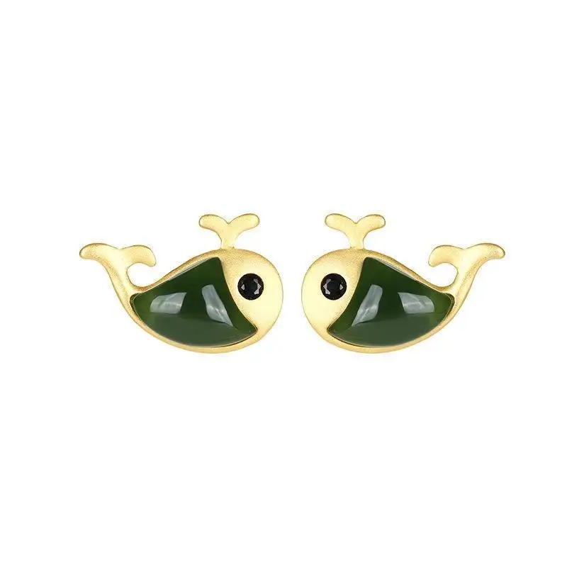 

Hengqiao S925 Sterling Silver Inlaid Jasper Stud Earrings for Women Personality Little Dolphin Cartoon Exquisite Small and Simpl