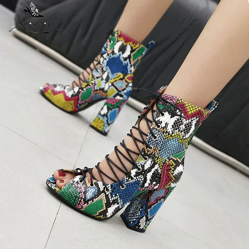 

Sgesvier Fashion lace up gladiator sandals women shoes peep toe thick high heels snake printed fashion summer sandals female