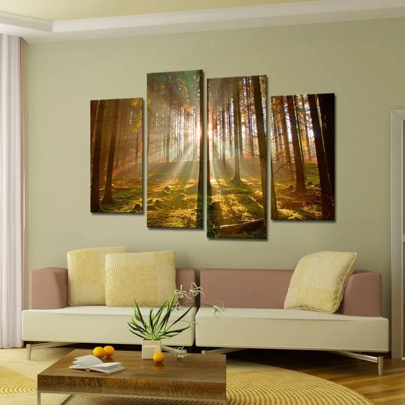 Большой размер 4 панели группа холст стены Искусство Солнечный свет осенний лес