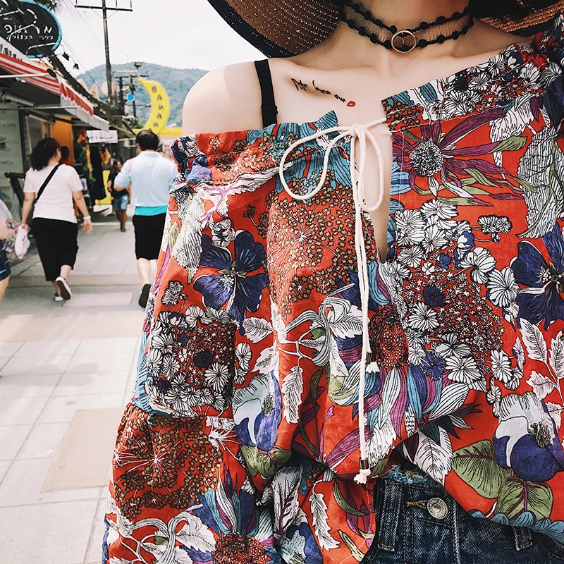 

Пляжная Ретро-рубашка с цветочным принтом, топ с открытыми плечами, с одним вырезом, для отдыха на море и отдыха, лето