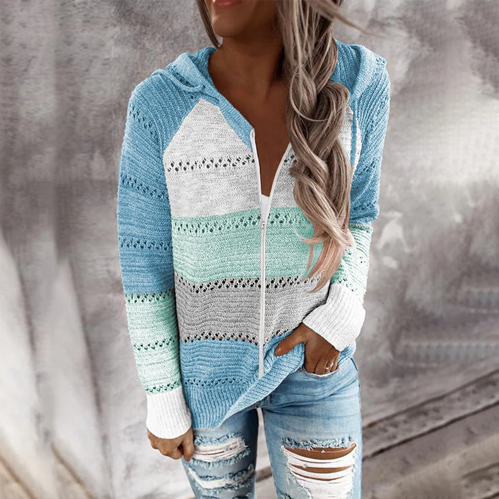 Вязаный кардиган свитер для женщин Осень-зима Повседневный в полоску пэчворк с