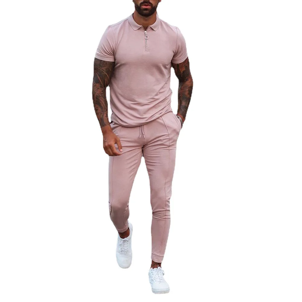 

Fashion Solid Mens Clothes 2021 Summer 2 Piece Set Men Turn-down Collar Zipper Tops And Drawstring Pants Outfit Casual Suits 3XL