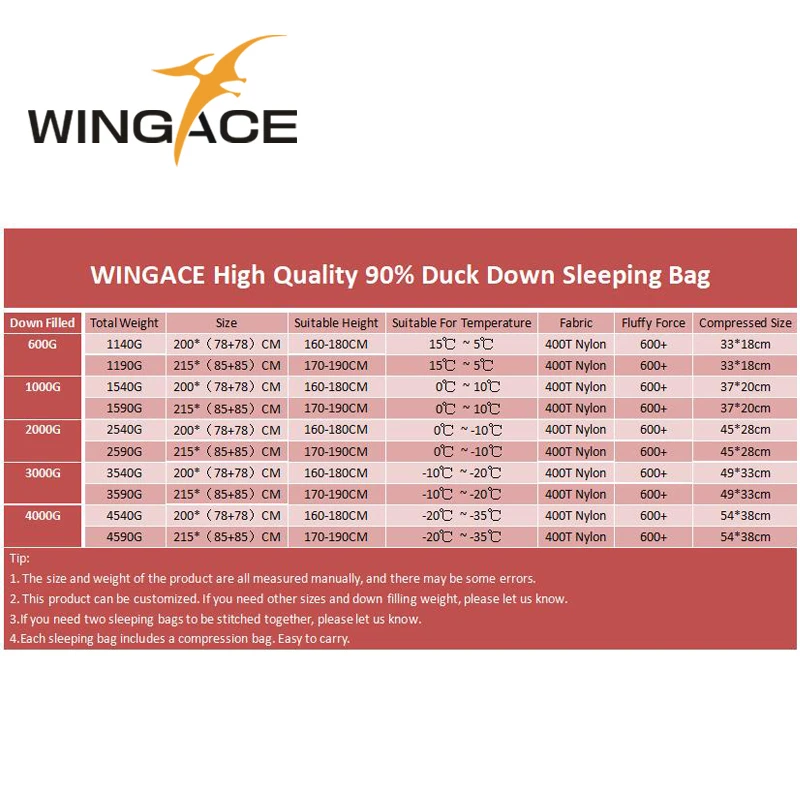 WINGACE заполнить 600 г 1000 утка вниз кемпинг спальный мешок пуховый 400T нейлон складной