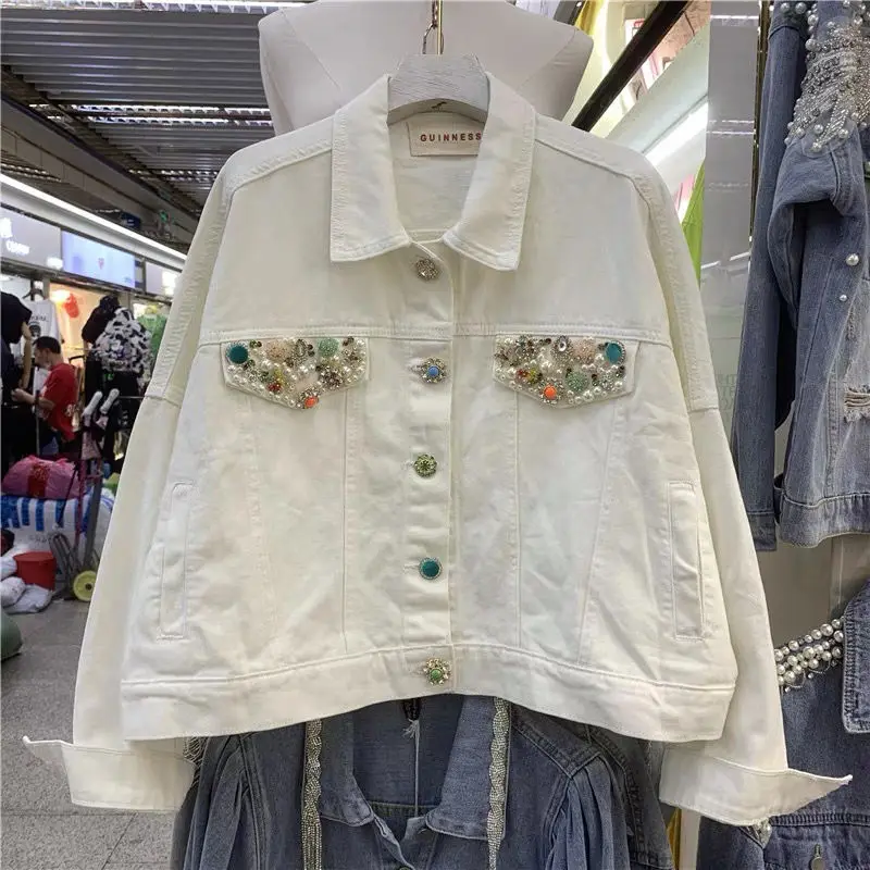 

White Denim Jacket 2021 New Spring Fashion Pocket Beaded Turn Down Collar Long-sleeved Outwear Loose Casual Female Oversize Coat