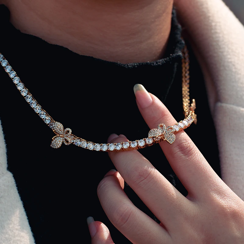 

4mm Width Gold Color Copper Material Tennis Chain Bowknot Necklace Women Hip Hop Jewelry Fashion Cubic Zircon Chains Charm