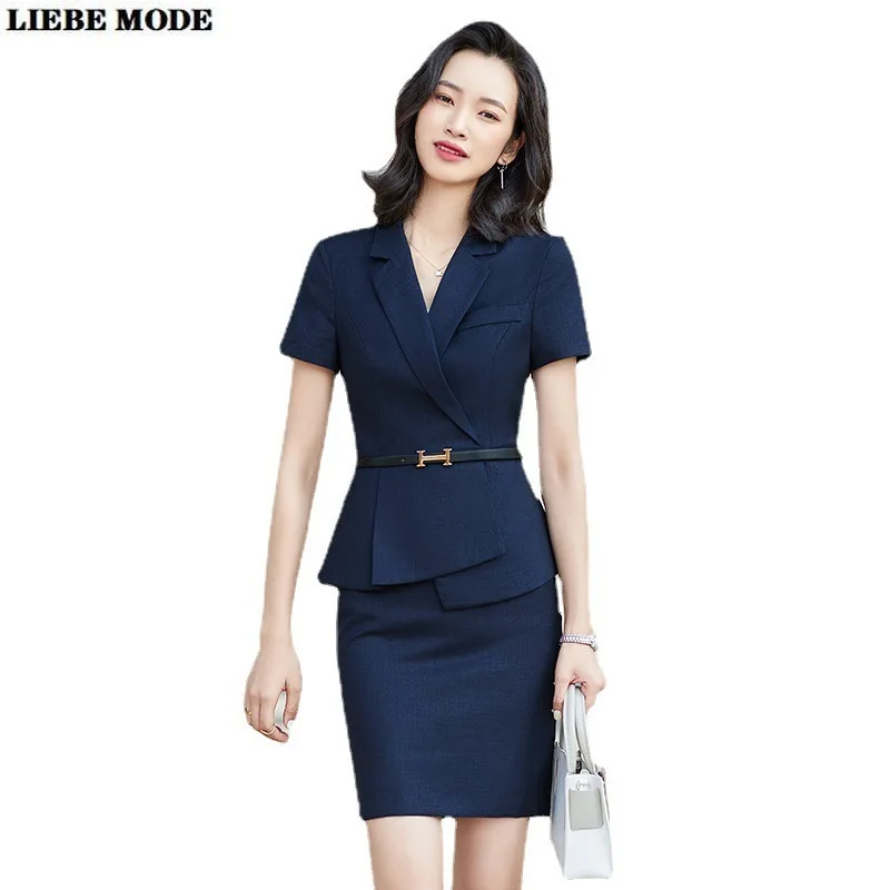 

2 Piece Womens Business Casual Suit Set Slim Fit Short Sleeve Blazer with Mini Skirt Summer Formal Work Skirts Suits Female