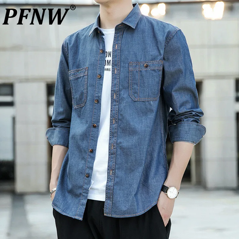 

Повседневная облегающая мужская одежда PFNW, весна-осень 2021, рубашка из искусственного денима с длинными рукавами и карманами, пальто, топы Ins ...