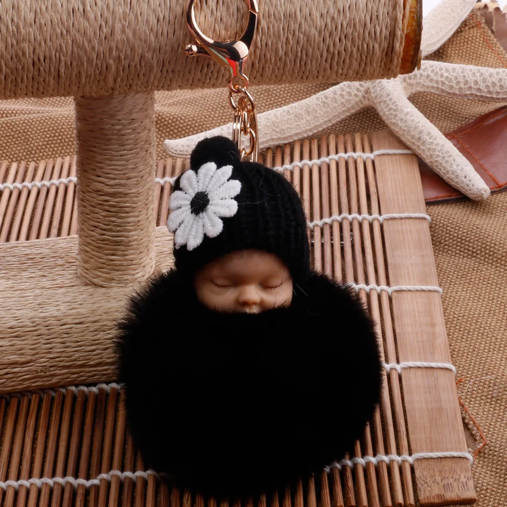 

Sleeping Cute With Cotton Hat Doll Hair Ball Pendant Plush Keychains Women's Bag Car Key Accessories Keyring Jewelry Baby Gifts