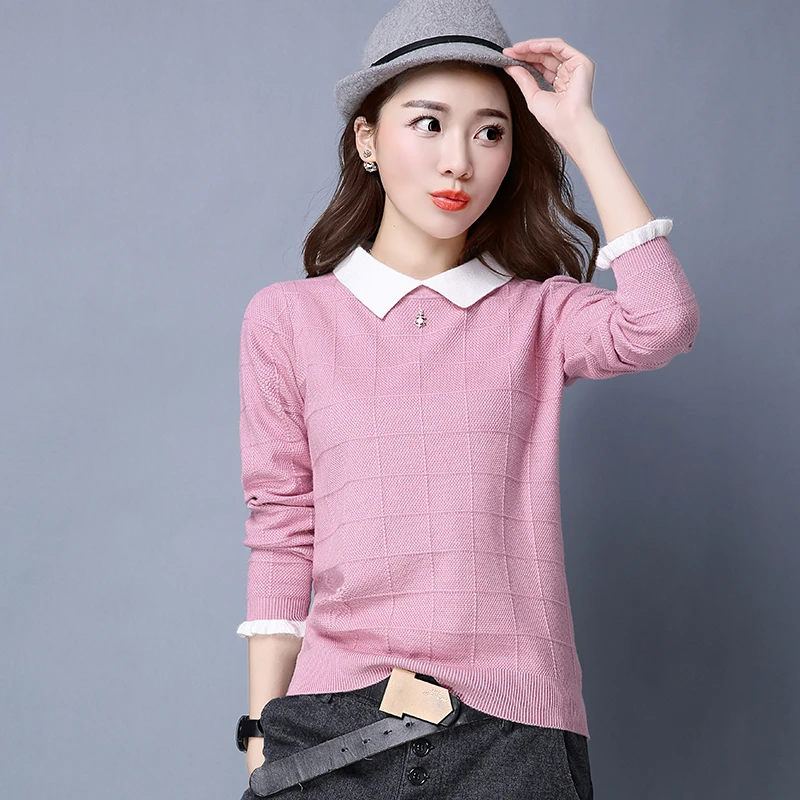 

Autumn Winter Women Sweater Plus Size Long Sleeve Knitted Jumpers Fake Two Pieces Sweater Top Blouse Sweet Girl Tops