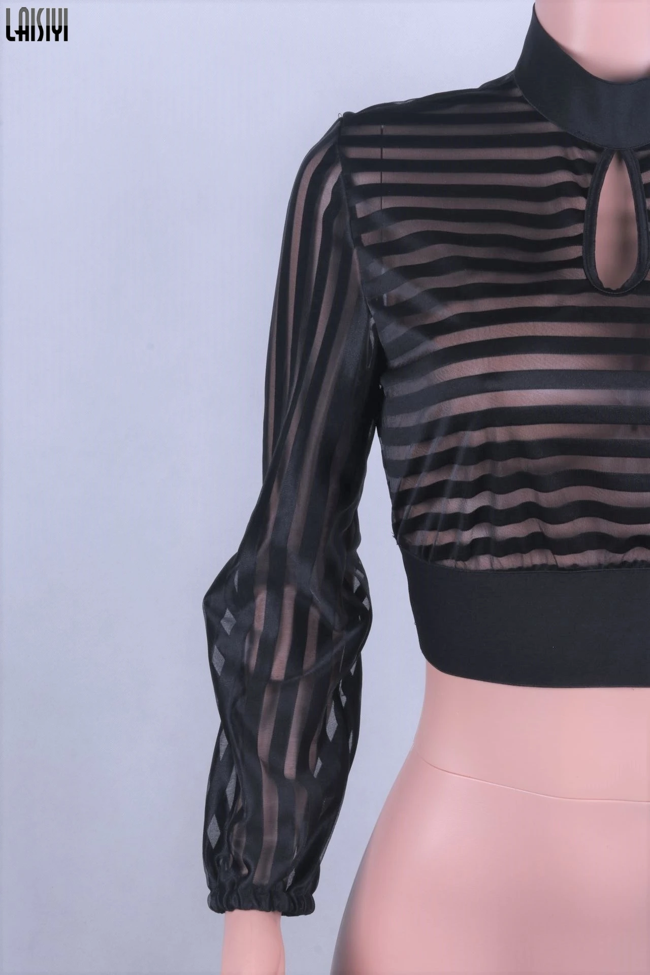 

LAISIYI Autumn New Mesh Shirts 2019 Women Sexy Transparent Tee Shirt Striped Crop Top Fashion Chiffon Blouses Femme ASBL20526