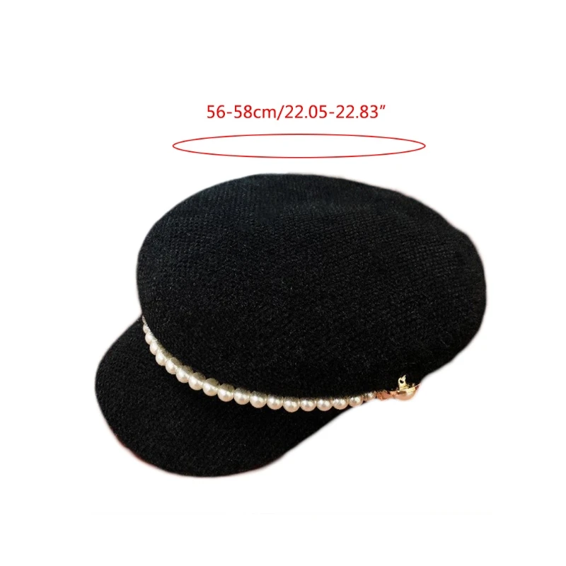 

Women Winter Warm Beanie Navy Hat Pearl Buttons Beaded Faux Fur Visors Beret Cap X5XA