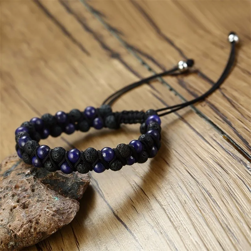 Мужской двухрядный регулируемый браслет Lapis Lazuli Volcano Stone 12 мм широкий один
