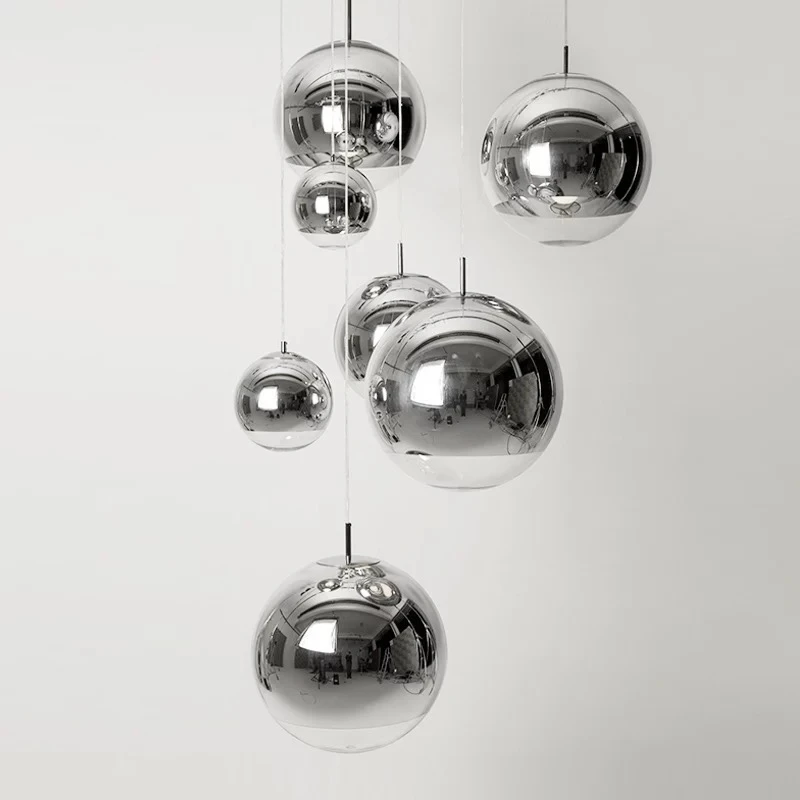 Bola de espejo colgante de cristal para decoración Industrial del hogar, Bola de espacio colgante de plata de Luces colgantes modernas, luz Led Industrial para el hogar