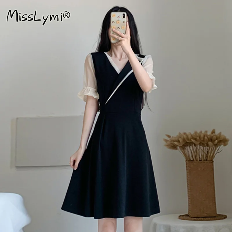 

4XL Plus Size Women Korean Little Black Dress Summer 2021 V-Neck Puff Sleeve Patchwork Elegant Office Lady A-Line Short Dresses