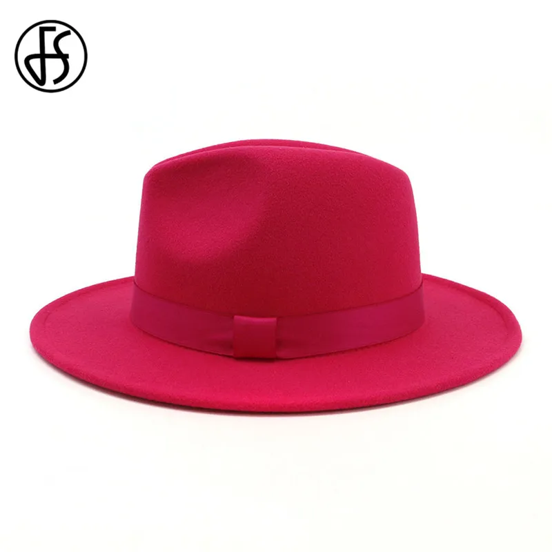 FS женская розовая шерстяная фетровая шляпа для джаза Fedora модная Trilby с широкими