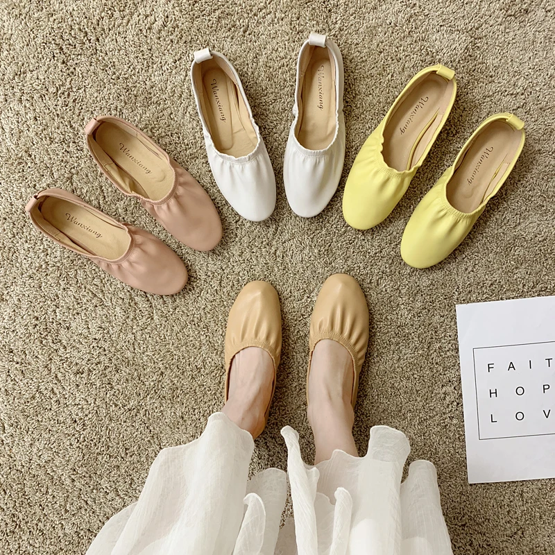 Женские Плиссированные Мокасины однотонные кожаные туфли на плоской мягкой