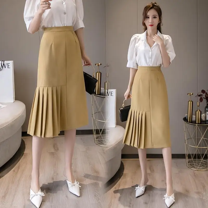 

Women 2021 Summer New Fashion Mid-long Package Hip Skirts Female Solid Color Slim Skirts Ladies Solid Color Thin Skirts E278