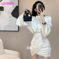 dress female 2021 autumn and winter new french ladies style fold lantern sleeve hip bag office lady cotton