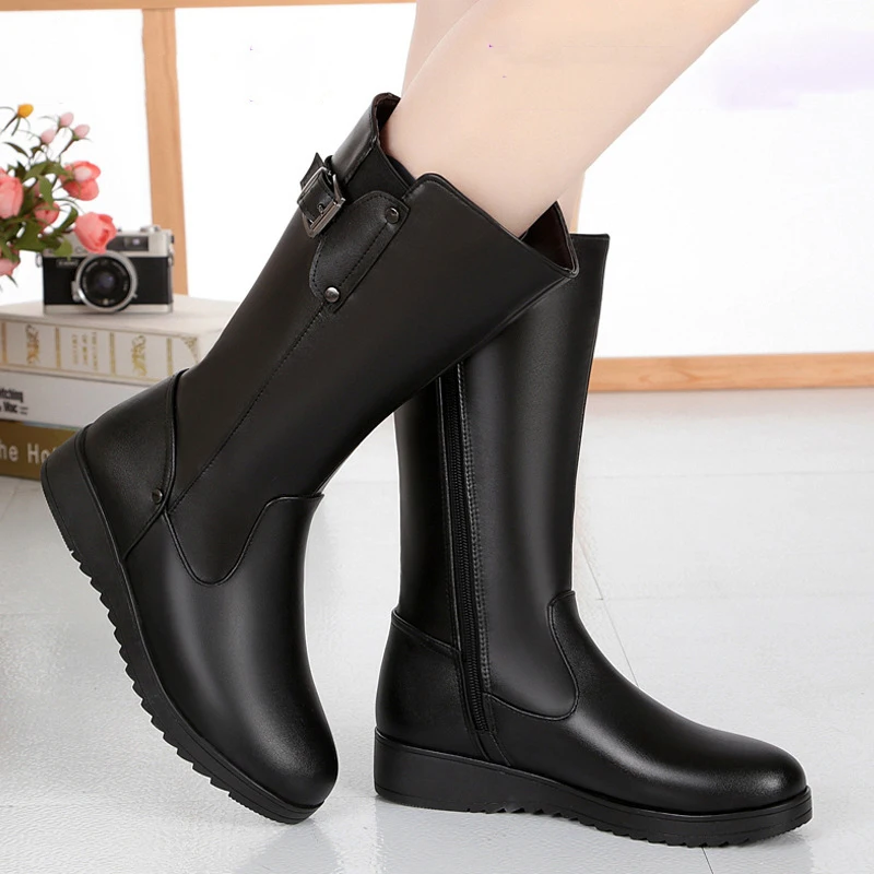 

Winter Genuine Leather Natural Wool Fur Warm Snow Women Flats Mid Calf Martin Boots Waterproof Black Plus Size Female Shoes