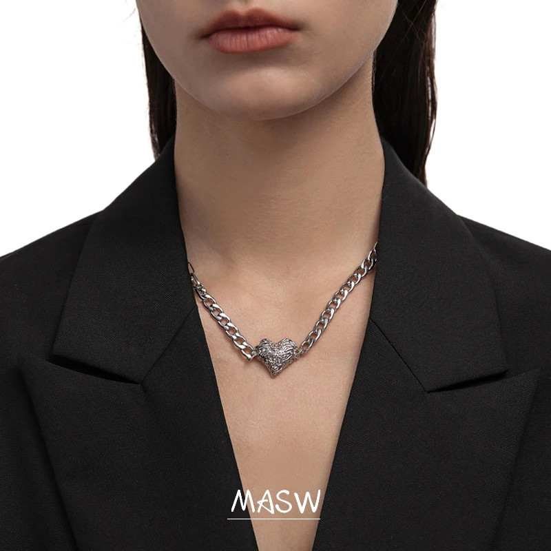 

MASW Original Design Big Chunk Chain Necklace 2021 New Trend One Layer Geometric Heart Pendant Necklace For Women Trendy Jewelry