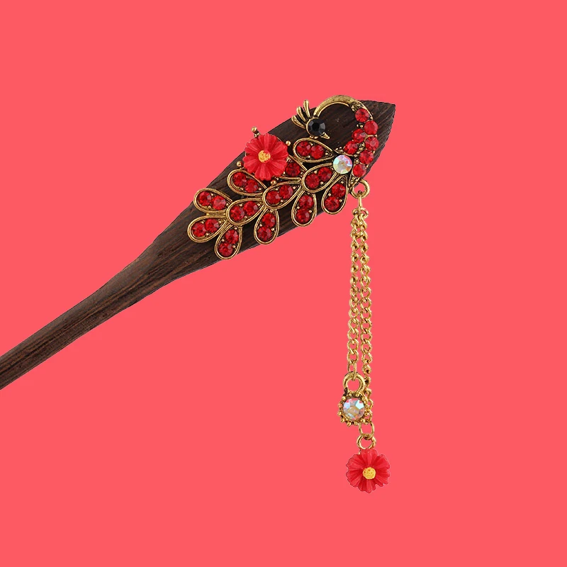 Хрустальный горный хрусталь птица деревянная заколка для волос женская заколка с кисточкой из металлических цепочек цветок аксессуар для волос модные украшения - Окраска металла: Red