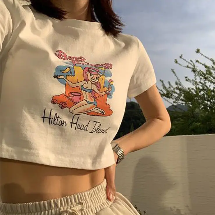 

2021 summer new salt series open navel high waist short sleeve T-shirt